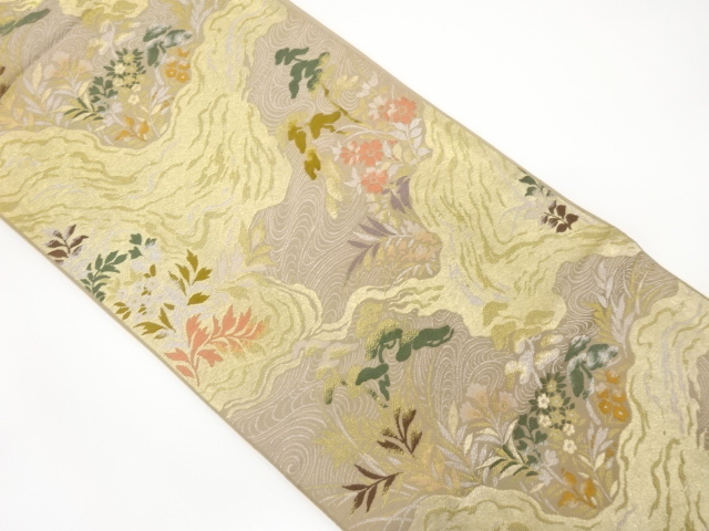 JAPANESE KIMONO / ANTIQUE FUKURO OBI / SILK / WOVEN FLORAL PLANTS